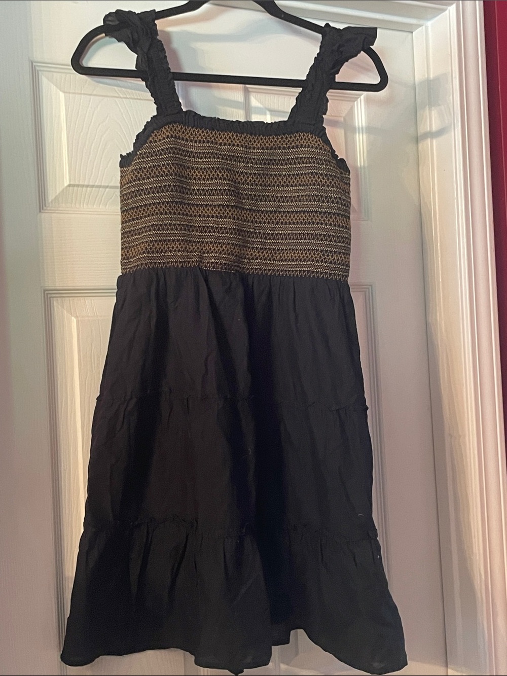 J. Crew Black Dress with Gold Smocked Bodice